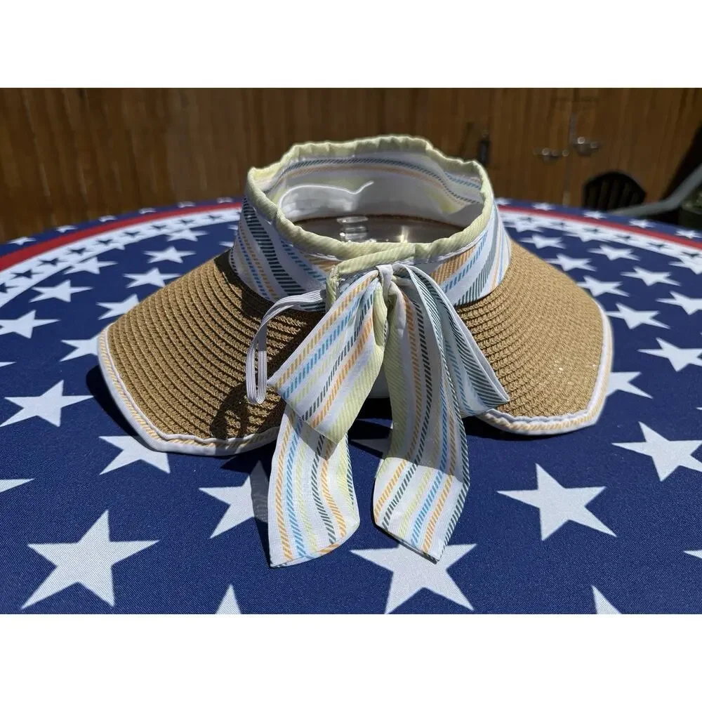 TAHARI Wide Brim Roll Up Sun Hat‎ Packable Paper Blend OS Multi White Trim, EUC
